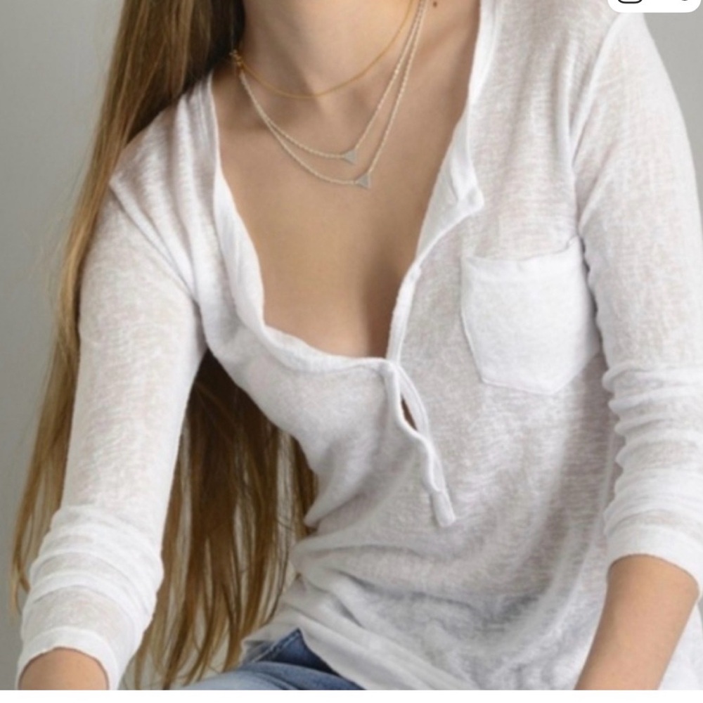 Rails White Long Sleeve Henley Distressed Long Body Hugging Tee Half Button Up